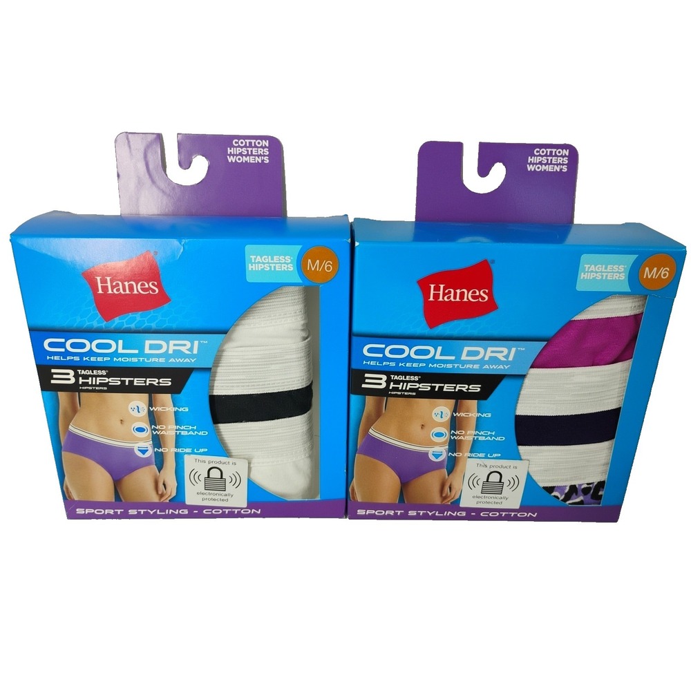 Hanes Womens Cool Dri Hipster Panties 6 pair Sz M/6 Tagless NEW in Box (2) 3pks